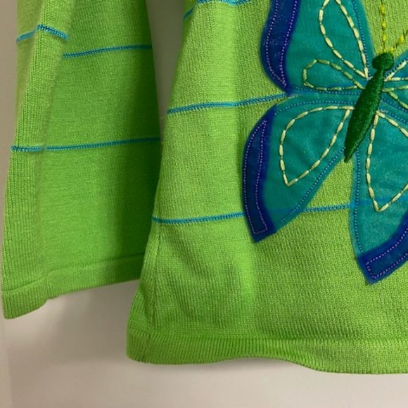 New HUME 3/4-slv TURQUOISE LIME SWEATER Applique Embroidered BUTTERFLIES * M - Picture 6 of 11